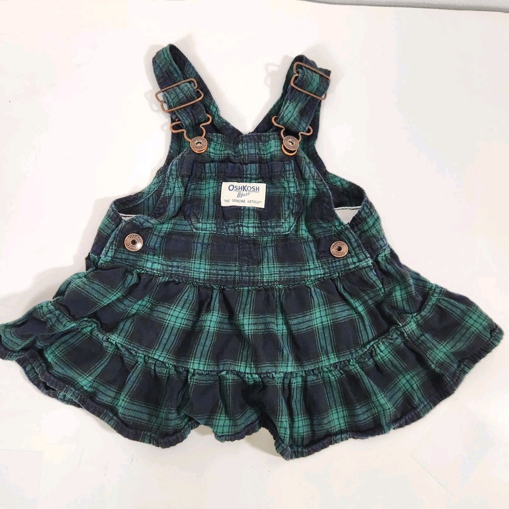 OshKosh B'gosh Baby Girl Plaid Ruffle Overall Dress 6M Green Cottagecore Preppy
